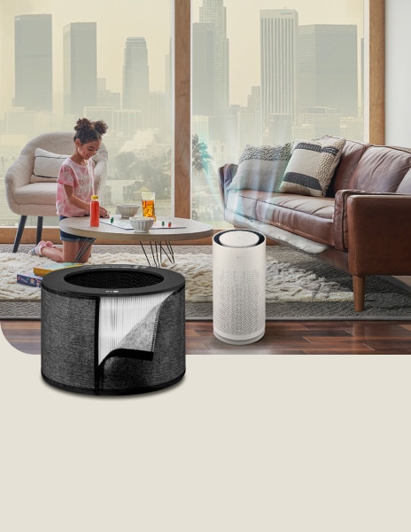 An LG air purifier with a smoke filter runs in a living room with a child and dog, while heavy smog fills the view outside.