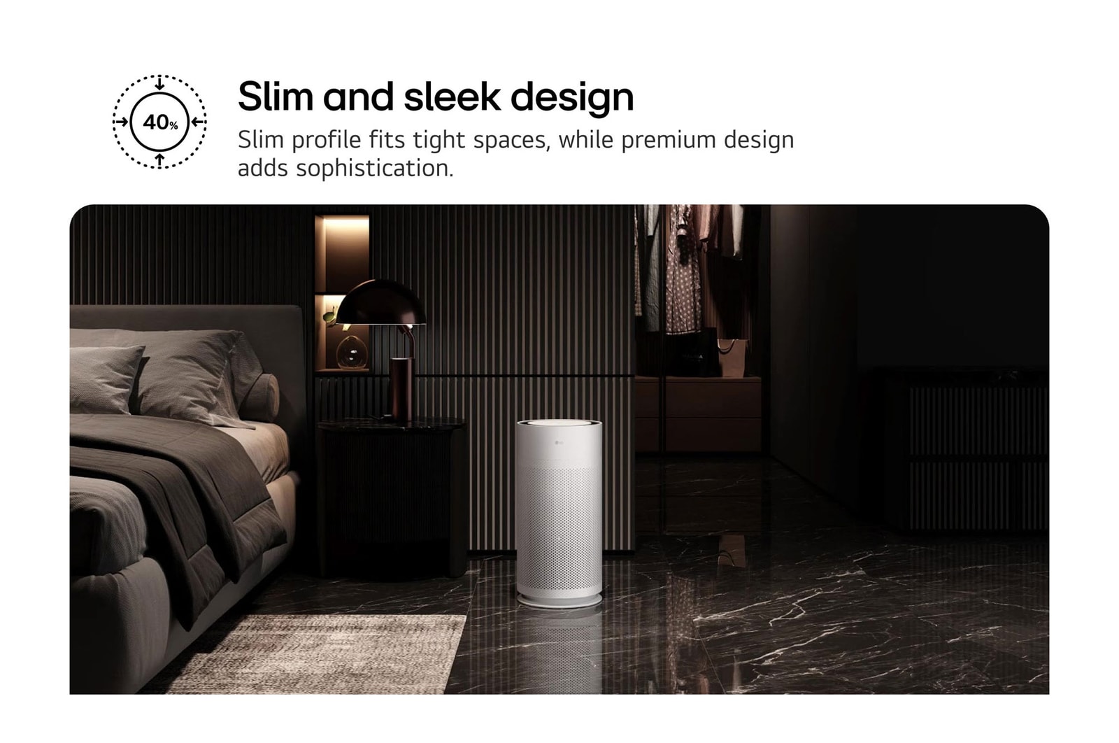 Compact white LG PuriCare™ AeroHit air purifier placed in a cozy bedroom corner beside a wooden shelf. Text reads 'Slim and sleek design: Slim profile fits tight spaces, while premium design adds sophistication'.