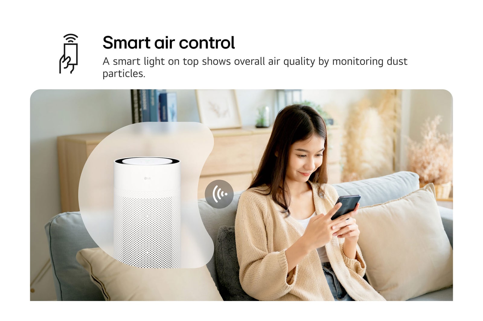 A woman sits on a couch, controlling the LG PuriCare air purifier using the LG ThinQ app on her smartphone. Text reads 'Smart air control: A smart light on top shows overall air quality by monitoring dust particles.'