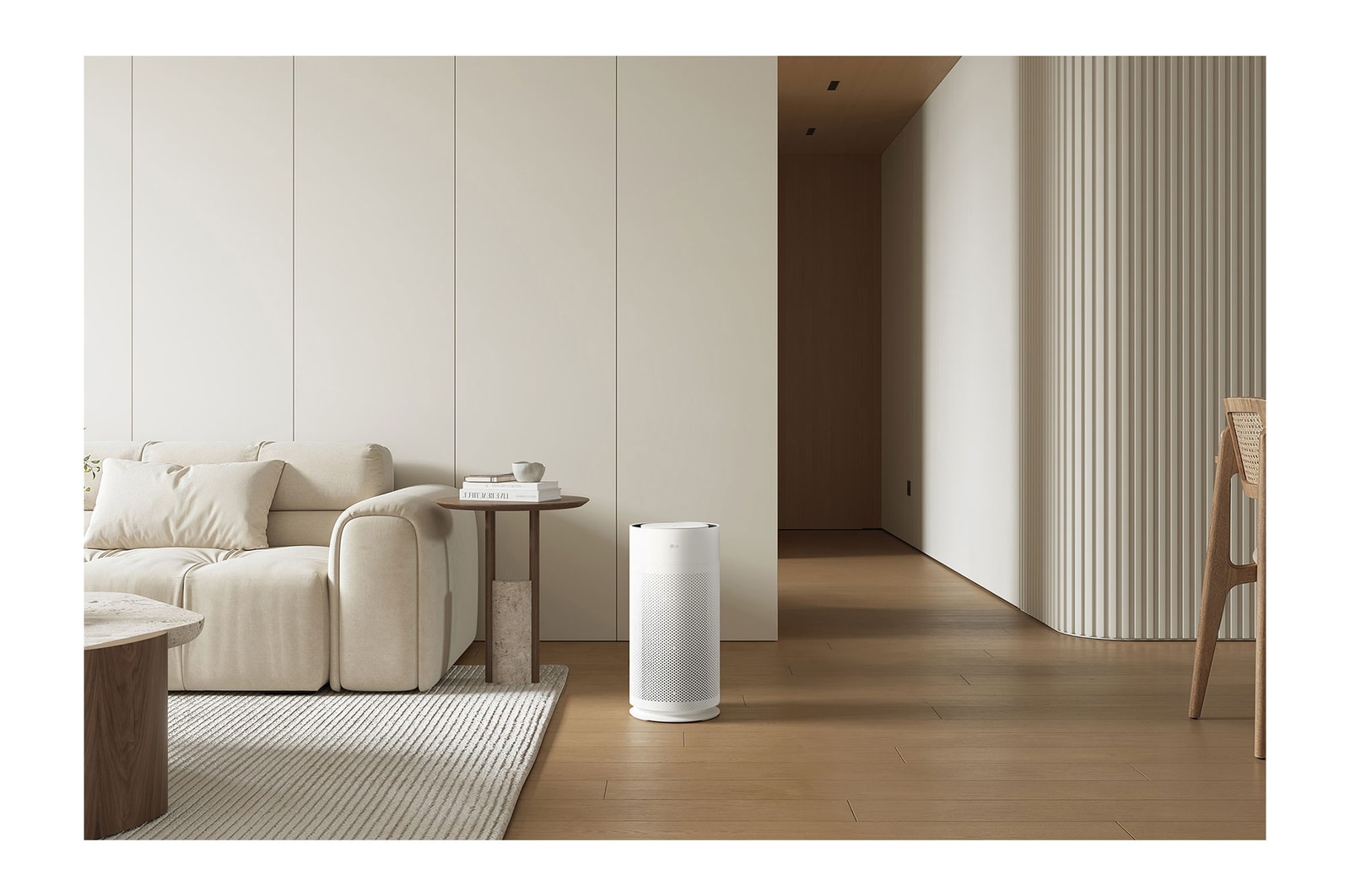 LG air purifier placed in a modern living room and minimalist furniture