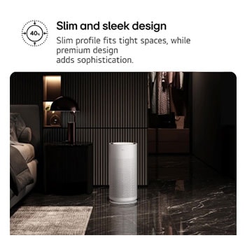 Compact white LG PuriCare™ AeroHit air purifier placed in a cozy bedroom corner beside a wooden shelf. Text reads 'Slim and sleek design: Slim profile fits tight spaces, while premium design adds sophistication'.