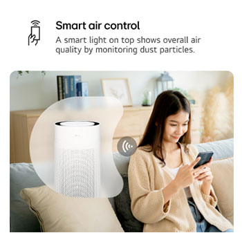 A woman sits on a couch, controlling the LG PuriCare air purifier using the LG ThinQ app on her smartphone. Text reads 'Smart air control: A smart light on top shows overall air quality by monitoring dust particles.'