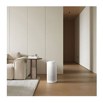 LG air purifier placed in a modern living room and minimalist furniture