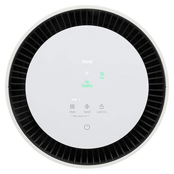 Close-up of the LG air purifier's top display with air quality indicator lights on