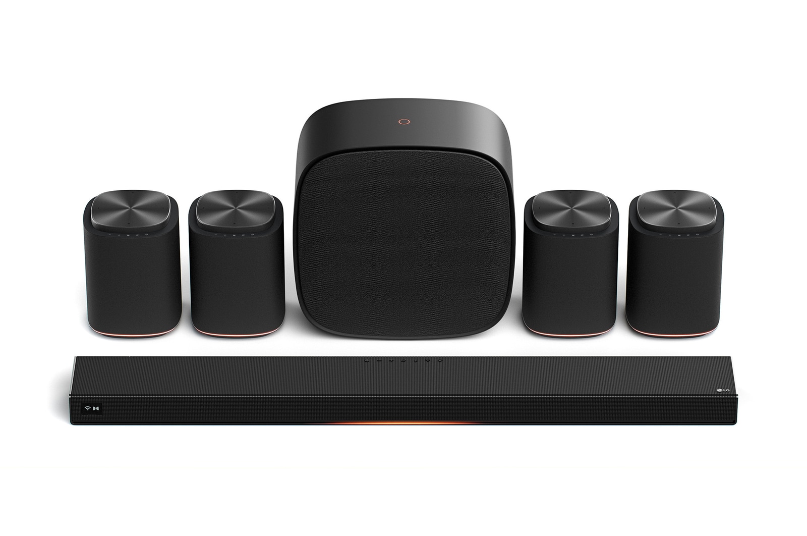 Front view of Sound Suite Immersive Quad Suite 7 (set) with 4 surround speakers & subwoofer (H7 + M7 4ea + W7) 4M7W7H7