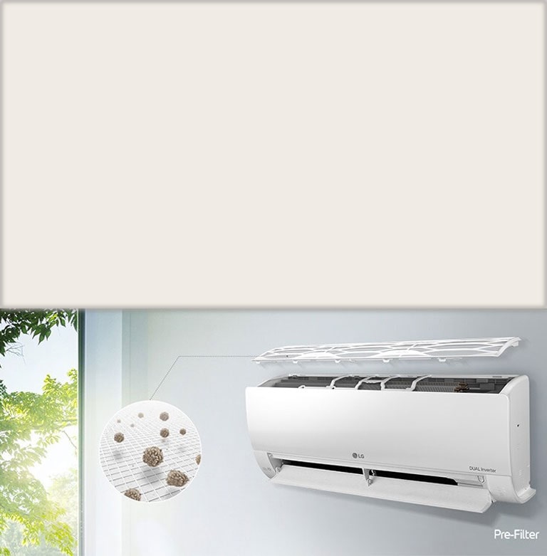 El aire acondicionado LG muestra filtros y polvo atrapado. Logotipo "Pre-Filtro" en la esquina inferior derecha.