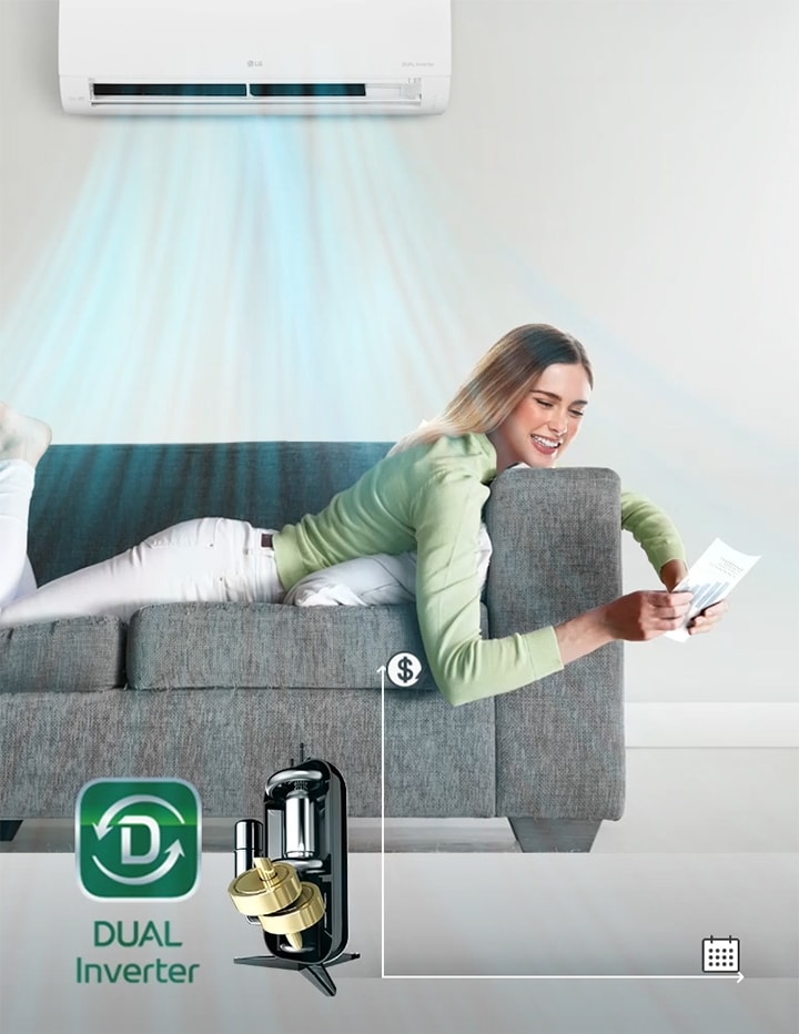 A woman lounges on a sofa smiling as the air conditioner blows air above her. To the right of the woman is the Dual Inverter logo and an image of the Dual Dual Inverter. Further to the right is a bar graph. The bars go up indicating more money spent and then go down to show that the dual inverter saves customers money.