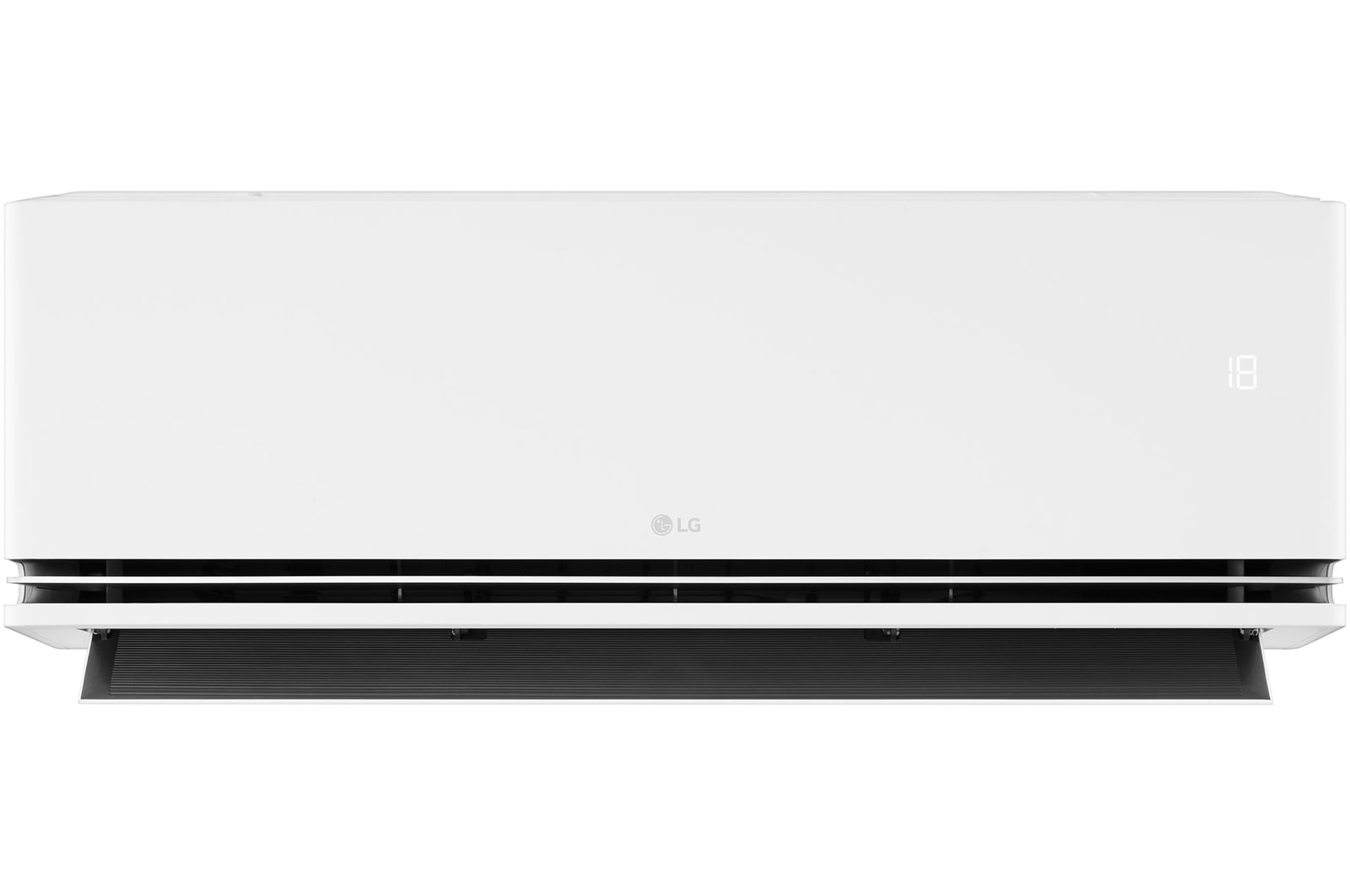 Front view of an LG air conditioner with the lower vane open