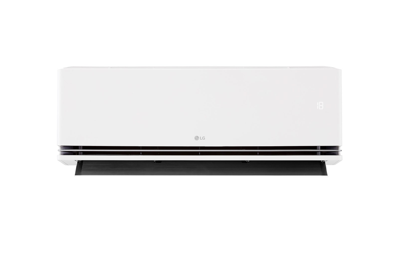 Front view of an LG air conditioner with the lower vane open