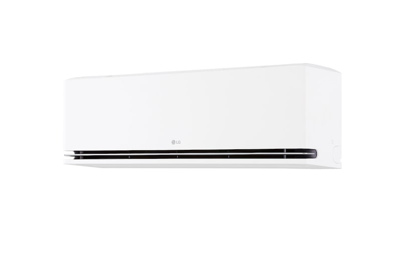 LG Dual Vane air conditioner shown in a living room. Cool air flows upward on the left, warm air downward on the right. The accompanying text reads: 'DUAL Vane spreads airflow up or down, further and faster, for ideal comfort in any season.'