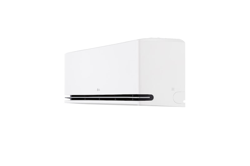 LG air conditioner with Proactive Energy Control feature. A smartphone shows an energy graph with a red alert, managing cooling and limits. Text: 'Proactive energy control. Smart control helps manage cooling and sets energy limits.'