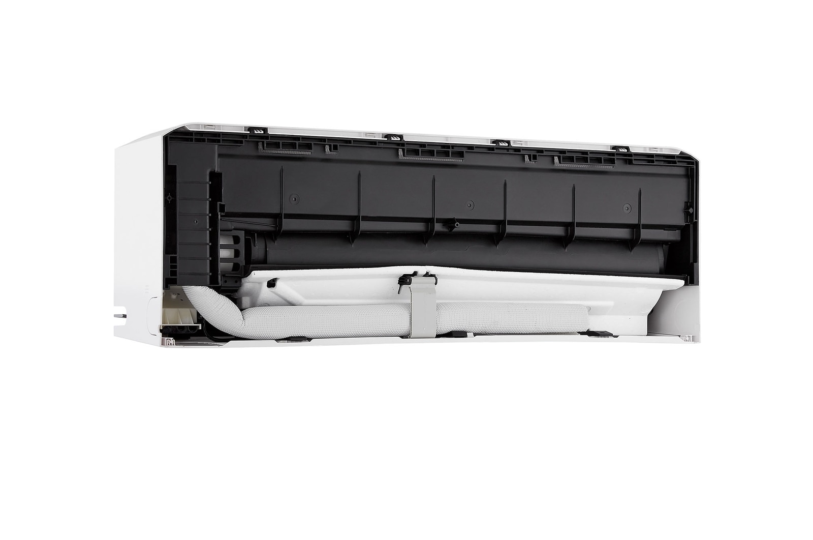 Hands opening the lower vane of an LG air conditioner for cleaning or maintenance