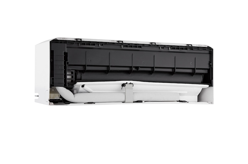 Hands opening the lower vane of an LG air conditioner for cleaning or maintenance