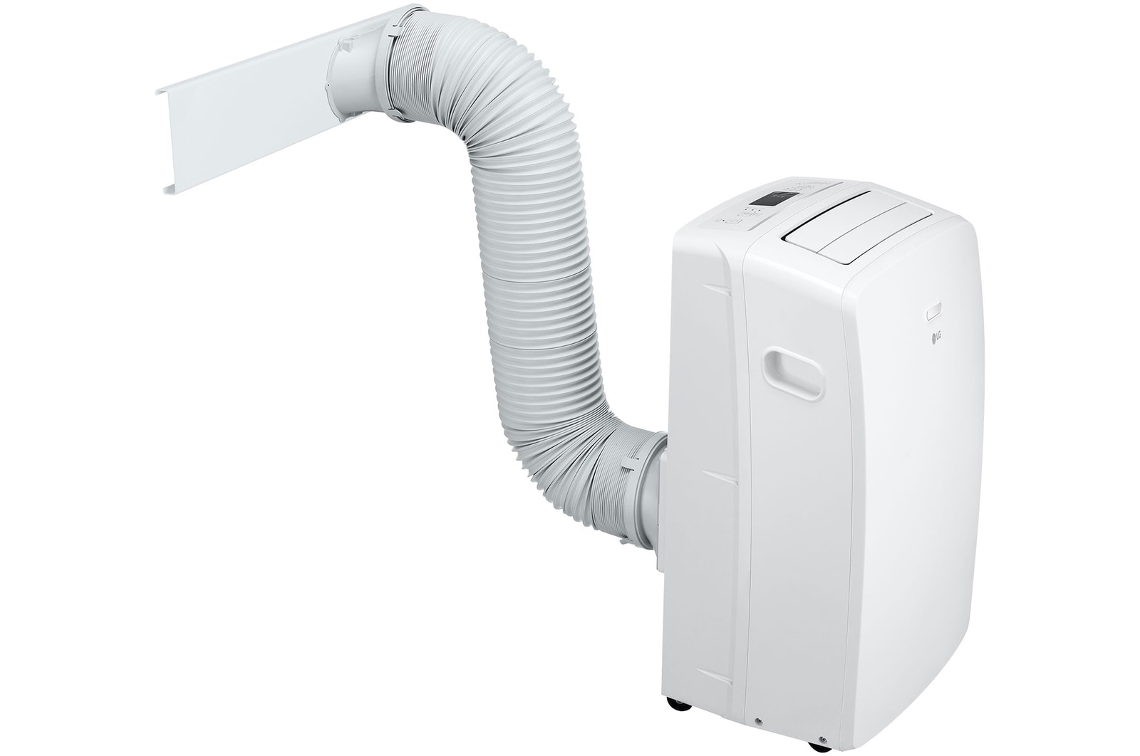 Left side view of the LG Portable Air Conditioner with accessories installed