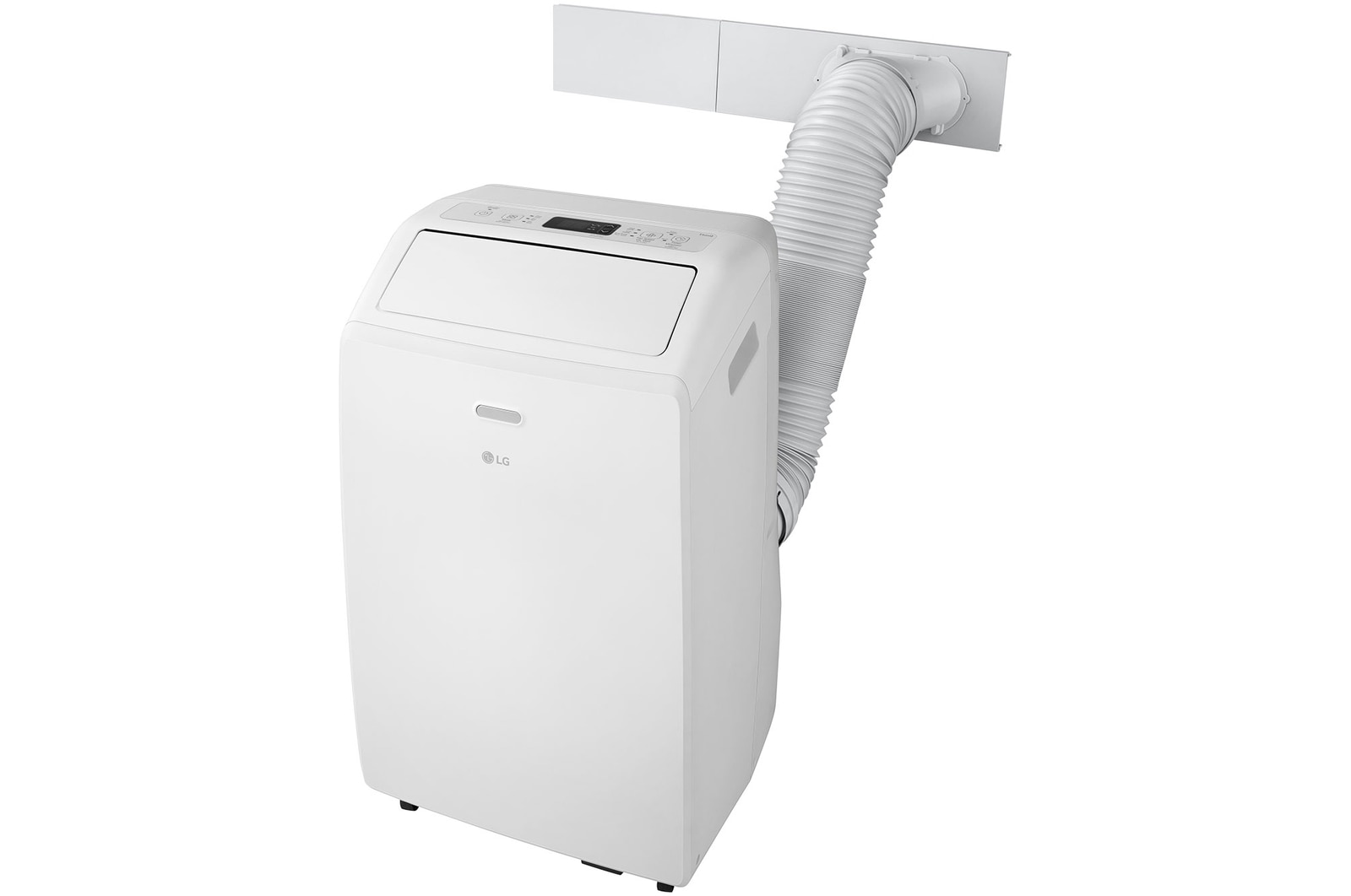 Right side view of the LG Portable Air Conditioner with accessories installed