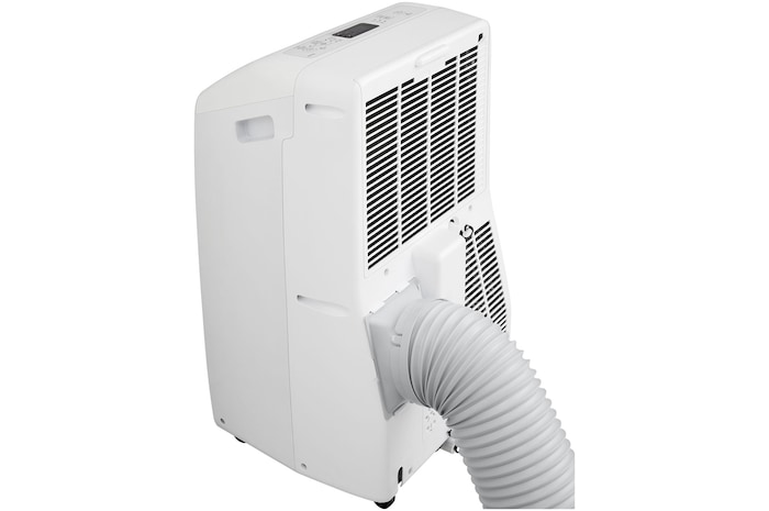 Left side back view of the LG Portable Air Conditioner with accessories installed