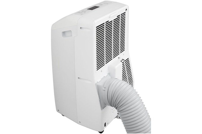 Left side back view of the LG Portable Air Conditioner with accessories installed