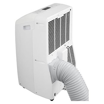 Left side back view of the LG Portable Air Conditioner with accessories installed