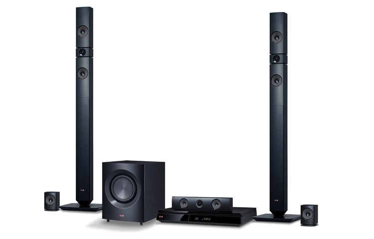 Front view of Step up to awesome home theatre surround-sound and Full HD 1080p 3D with LG&#39;s BH7430PB 1200W 5.1ch Smart 3D Home Theatre System. Delivering a powerful 1200W of 5.1-channel immersive sound from high-quality speakers and subwoofer. BH7430PB