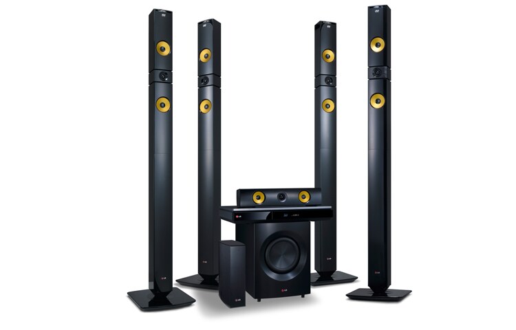 Front view of Discover the ultimate immersion of nine-speaker home theatre surround sound and Full HD 1080p 3D entertainment with LG&#39;s BH9530TW 1460W 9.1ch Smart 3D Home Theatre System. Bringing you immersive sound from an array of front and centre speakers, wireless rear speakers, and a powerful subwoofer. BH9530TW