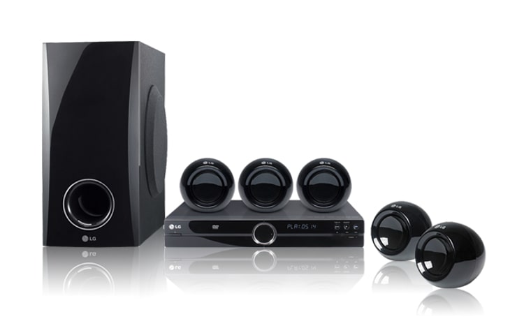 Front view of 300W Audio Output, 4 Satellite Speakers, 1080p Up-conversion, HDMI out, USB 2.0 HT304SU