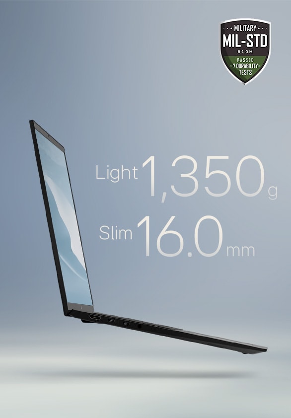 The image showcases a slim laptop with the text: "Light, thin, all-powerful" at the top. Key specifications, "Light 1,350 g" and "Slim 16.0 mm," are highlighted in the center. A MIL-STD durability badge is displayed in the upper-right corner, emphasizing its robustness.