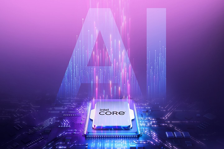 The image features an Intel Core processor set against a vibrant, futuristic background with shades of purple and blue. The large, semi-transparent letters "AI" are prominently displayed in the background, reinforcing the focus on artificial intelligence.