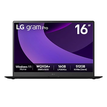Front view of LG gram Pro 16" | Copilot+ PC | Windows 11 Home | Lightweight 32GB RAM Intel® Arrow Lake H Laptop | gram AI | LG gram Link | 16:10 OLED display 16Z90TP-K.AD88A9