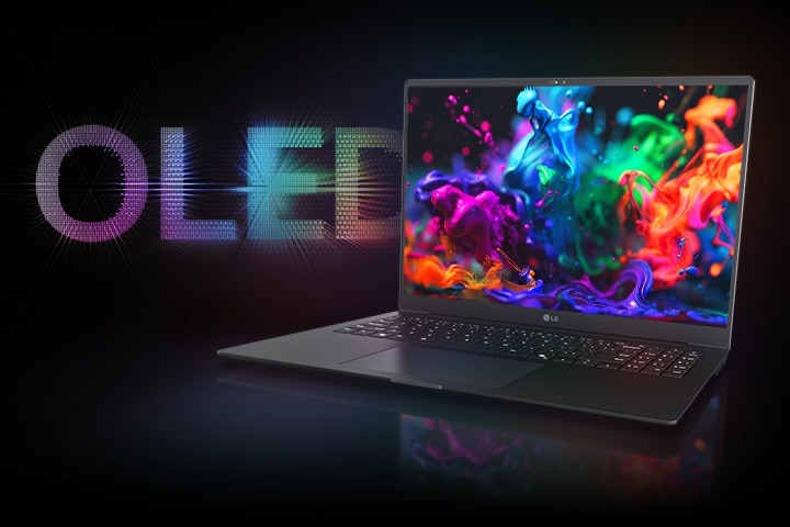 A laptop with a vibrant OLED screen displaying colourful abstract visuals, accompanied by a glowing OLED text logo in the background.