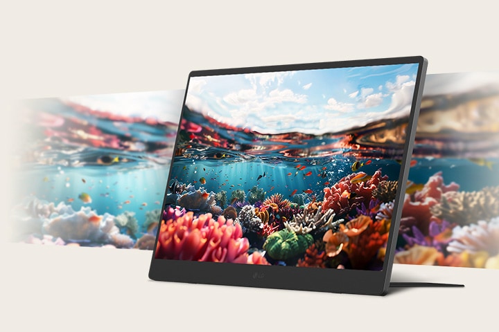 LG gram +view's screen and background feature an underwater image with professional-level clarity and accurate color representation.	