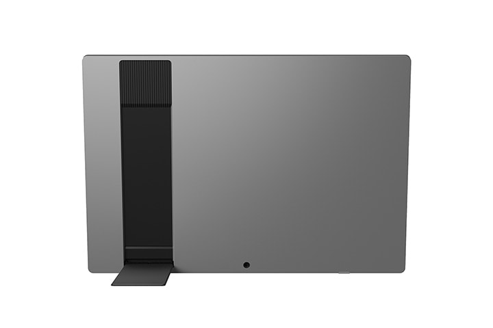 This animation sequentially shows the back of LG gram +view, a scene where the kickstand is used, the front of LG gram +view, and LG gram +view positioned vertically.	