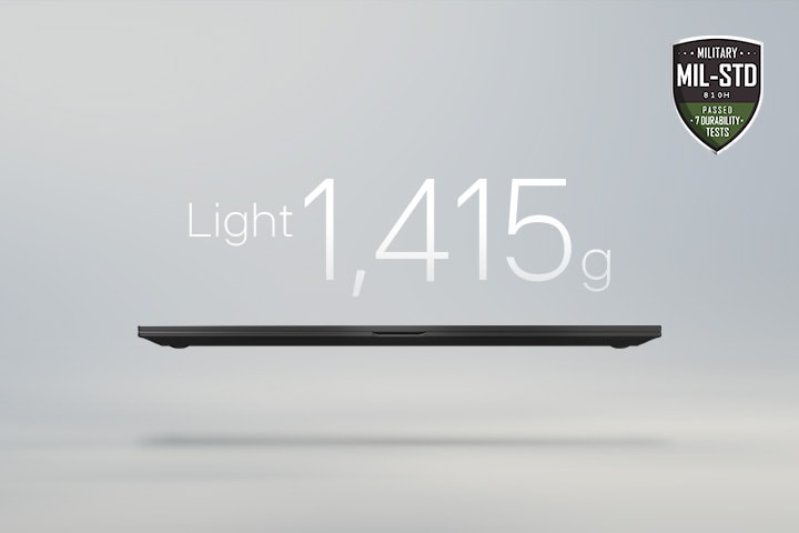 An animation showcasing a lightweight laptop with '1,350g' displayed in the first frame and '16.0mm' thickness in the second frame. Both frames include the MIL-STD durability badge, emphasizing portability and durability.
