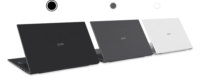 Three LG gram laptops are lined up diagonally.