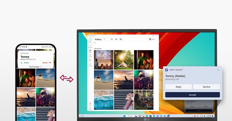 It shows that the mobile device and gram are connected to transfer files easily, send test messages, and make a phone call with gram.