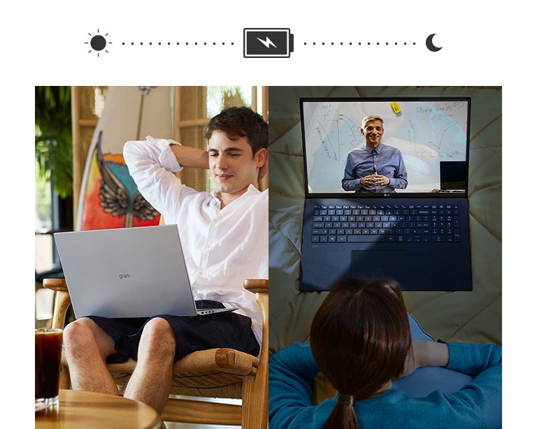 It shows the scene that users works or watch video from daytime to night time.