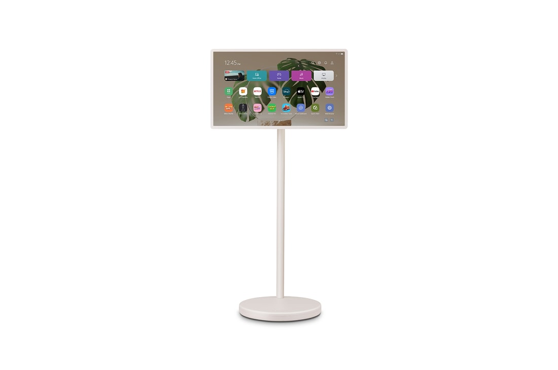 Front view of LG StanbyME 2 on the stand.
