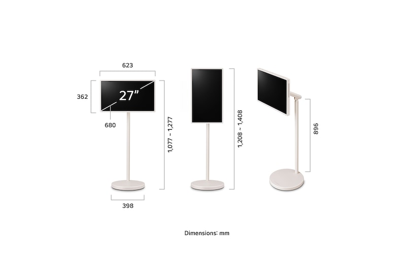 Length, width, height, and depth dimensions of the LG StanbyME 2 and the stand.