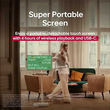 A person rolling their LG StanbyME 2 using the TV stand. The text explains how the Super Portable Screen has 4 hours of wireless playback and USB-C. 