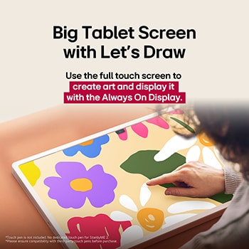 LG StanbyME 2 is on a table. Let's Draw is in use. A person is creating artwork using just their finger and the touchscreen. The text talks about how you can use your screen as a digital canvas and display artwork through the Always On Display.