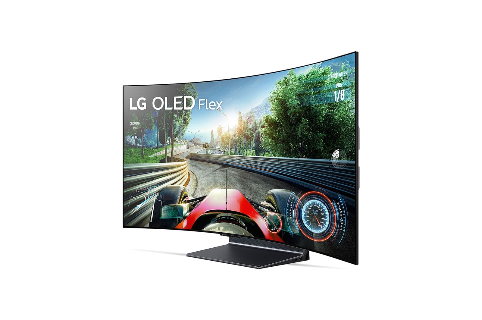 Left-facing Flex seen from a front 45-degree angled view with a fully curved screen.