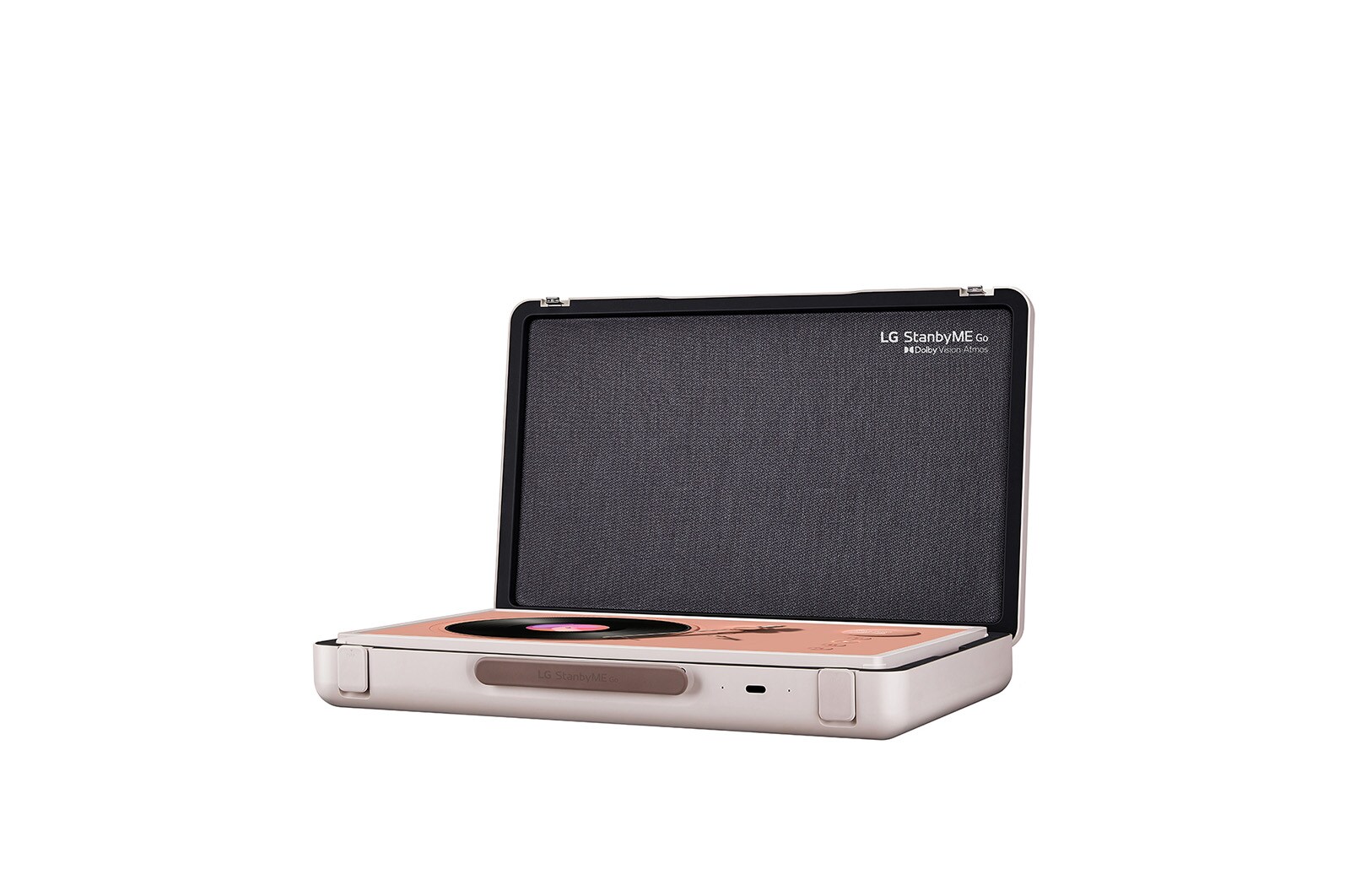 45 degree side view of table mode that shows a coral turntable music skin