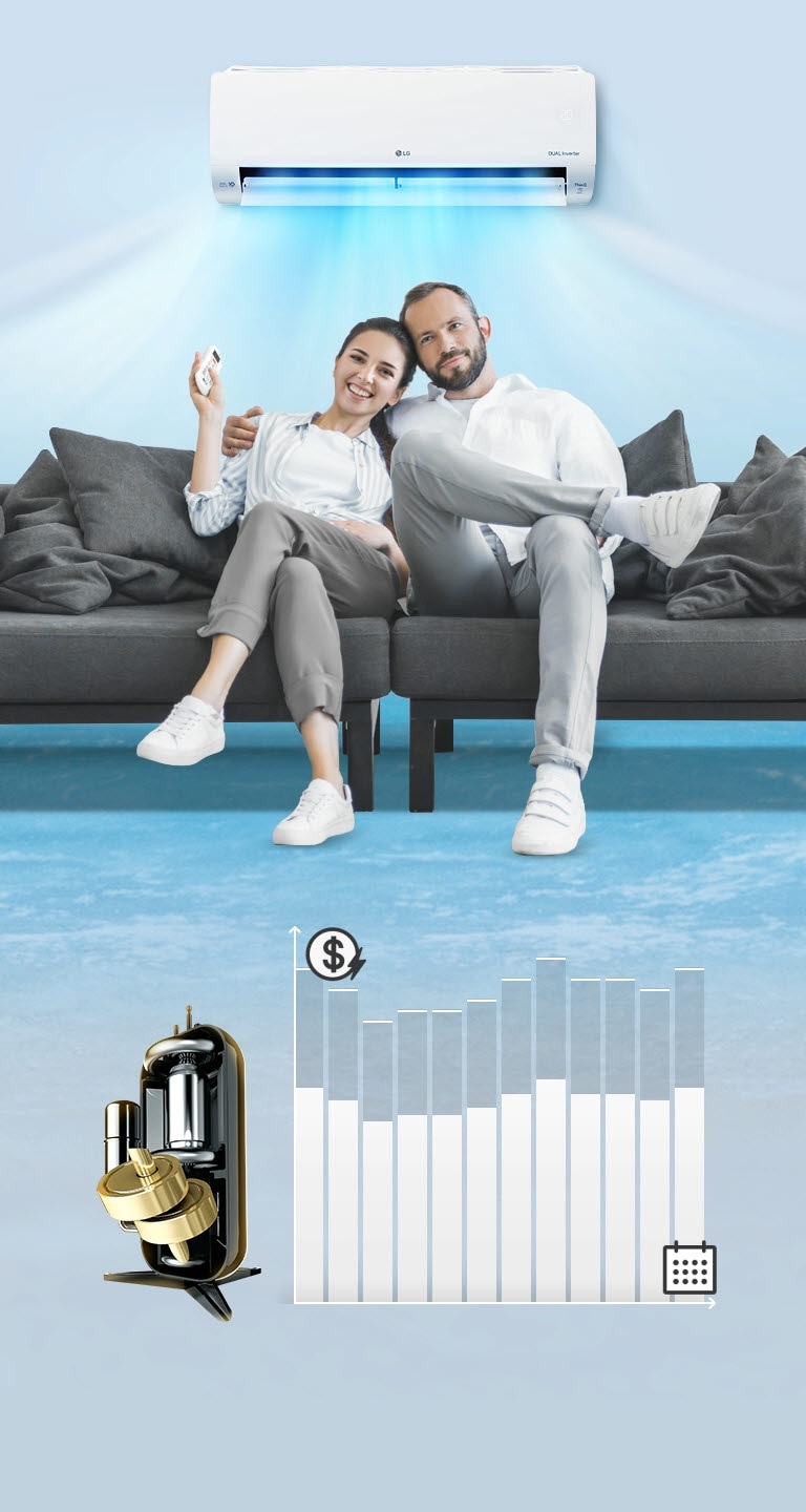 A couple sit on a couch with the air conditioner behind them blowing blue air out as they smile comfortably. To the right is a line graph representing how much money can be saved on electricity bills and a drawing of the inside of the air conditioner.The line graph moves from the top lower as the air conditioner saves the couple money.