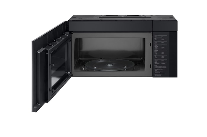 Front view of LG 2.0 cu. ft. Over the Range Microwave Oven | Sensor Cook, 400 CFM Power Ventilation, EasyClean®& Smart, Stainless with door open - MVEL2033F
