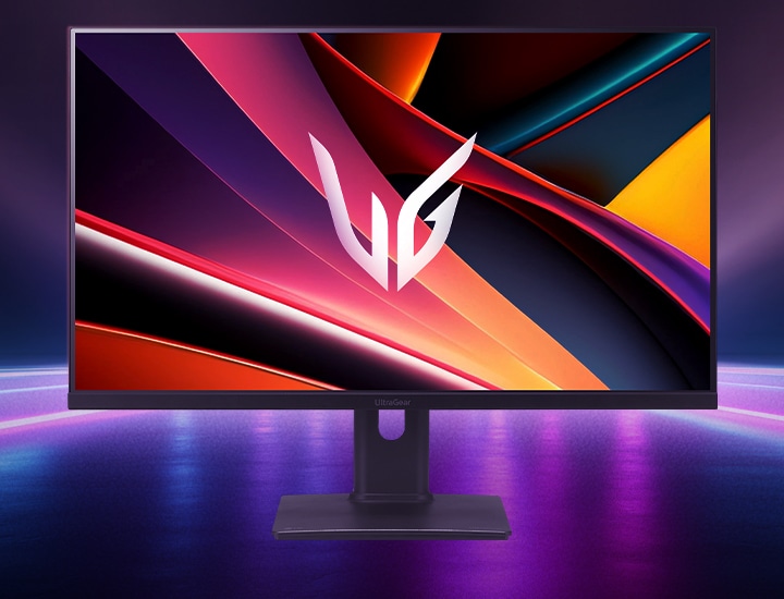 Front view of a gaming monitor displayed in a futuristic, neon-styled environment.