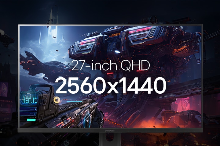 Close-up of the LG UltraGear 27-inch gaming monitor displaying a sci-fi game scene, highlighting its 16:9 QHD resolution of 2560×1440.