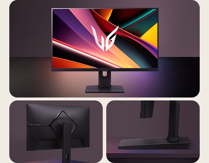 Front and rear views of a gaming monitor, showcasing a sleek, streamlined design with a slim stand and clean rear profile.