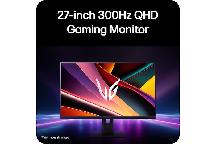 Front view of a gaming monitor displayed in a futuristic, neon-styled environment.