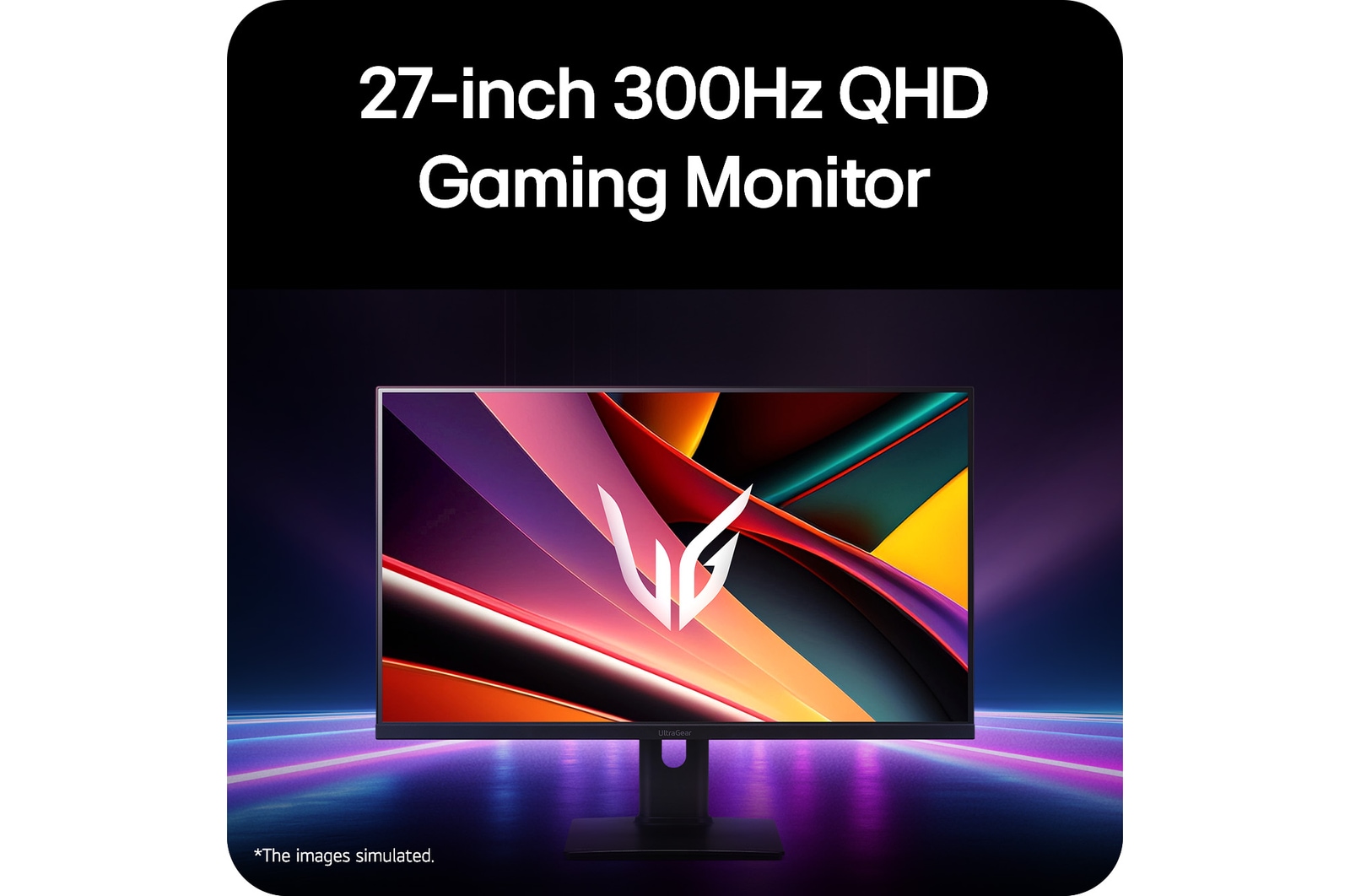 Front view of a gaming monitor displayed in a futuristic, neon-styled environment.