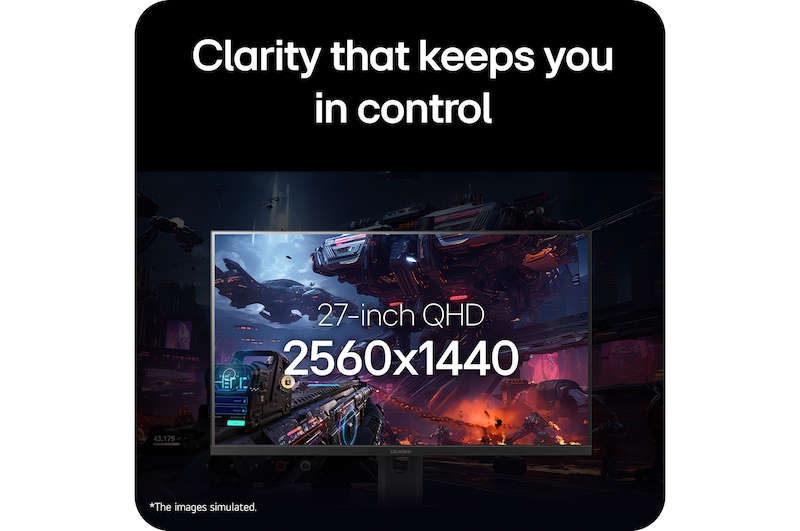 Close-up of the LG UltraGear 32-inch gaming monitor displaying a sci-fi game scene, highlighting its 16:9 QHD resolution of 2560×1440.