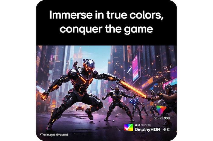 Futuristic battle scene displayed on a gaming monitor, showcasing vivid colors with 99% sRGB color gamut, IPS, and DisplayHDR certification.